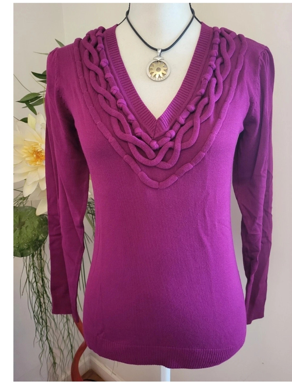 Women’s V-Neck Cable Trim Sweater in Magenta